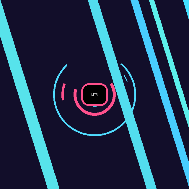Official Doge Litter emblem with neon pink rings and diagonal cyan stripes on midnight purple